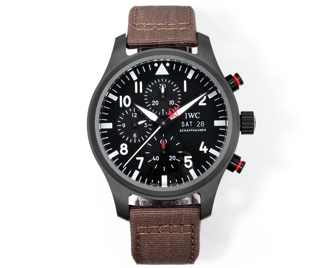 IWC Pilot's Watch Double Chronograph Top Gun  46MM Black Ceramic Case Black Dial Brown Leather Strap
