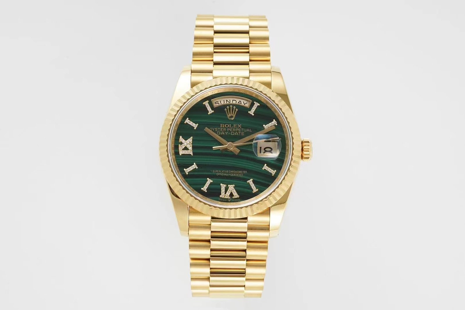 Rolex Day-Date Yellow Gold Green Malachite Diamond Roman Dial 36mm Ref.128238