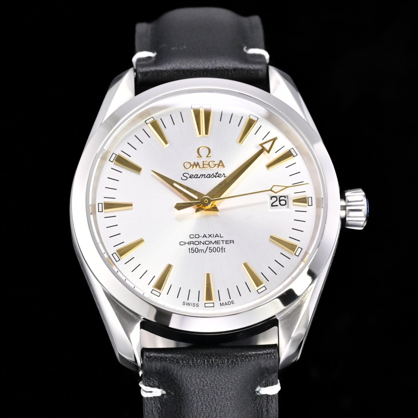 Omega Seamaster Aqua Terra Observatory 150M PN1 White Dial Stainless Steel Case Black Leather Strap Gold Hands 39mm OMEGA-AT-PN1-SS-WHT3