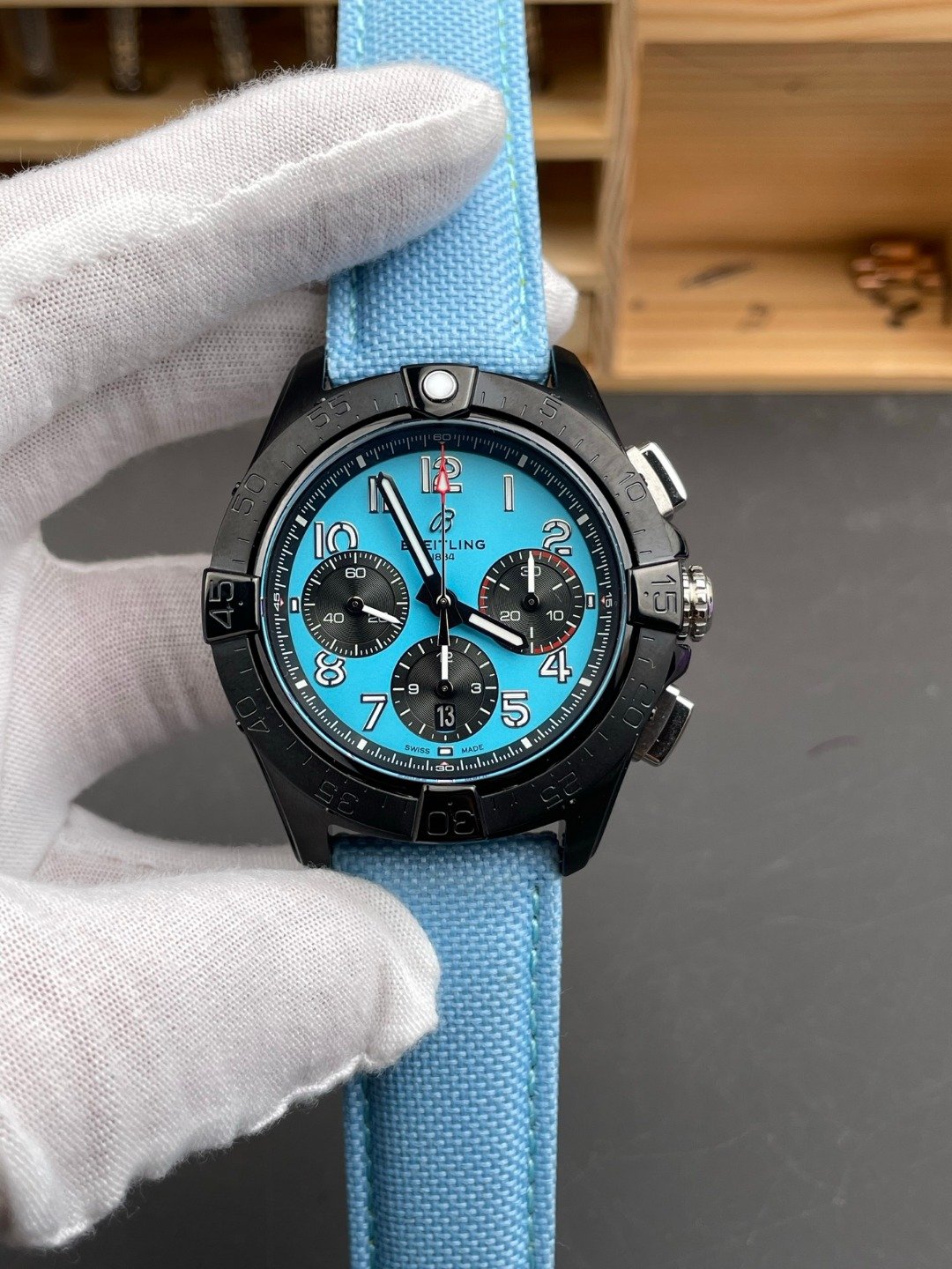 Breitling Avenger B01 Chronograph  Night Mission  42MM Titanium Ceramic Case Ice Blue Matte Dial Black Military Strap SB0146101L1X1