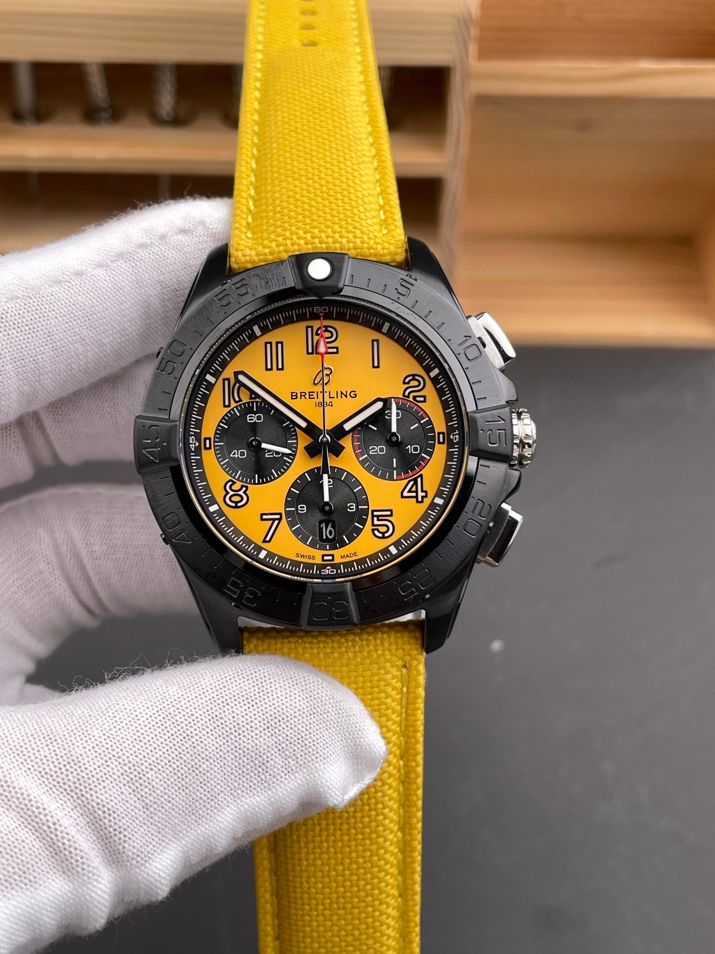 Breitling Avenger B01 Chronograph Night Mission 44MM Titanium Ceramic Case Yellow Matte Dial Black Military Strap SB0147101I1X1