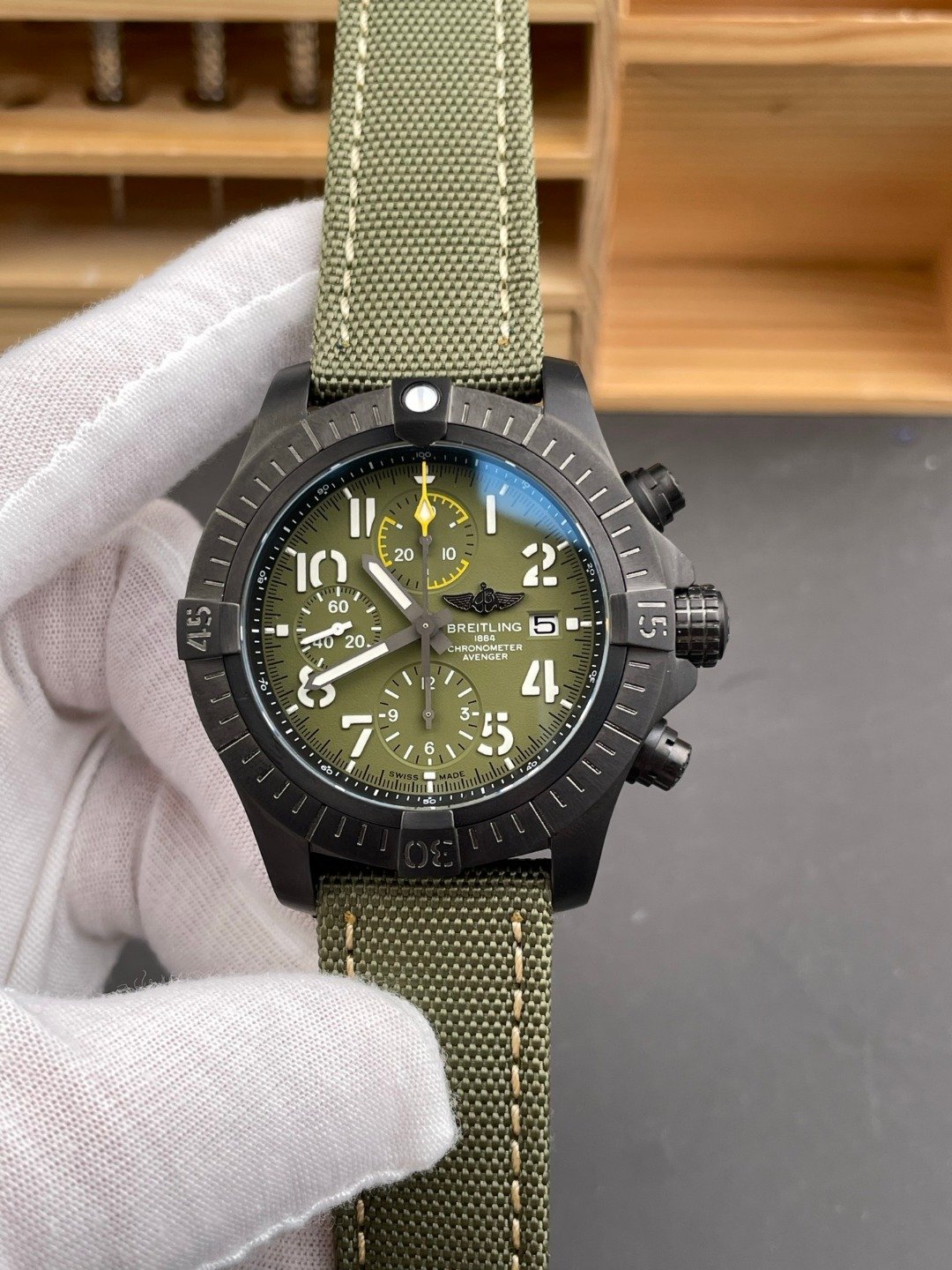 Breitling Avenger Automatic GMT Night Mission  45MM DLC Titanium Case Green Matte Arabic Dial Black Military Strap V323952A1L1X2