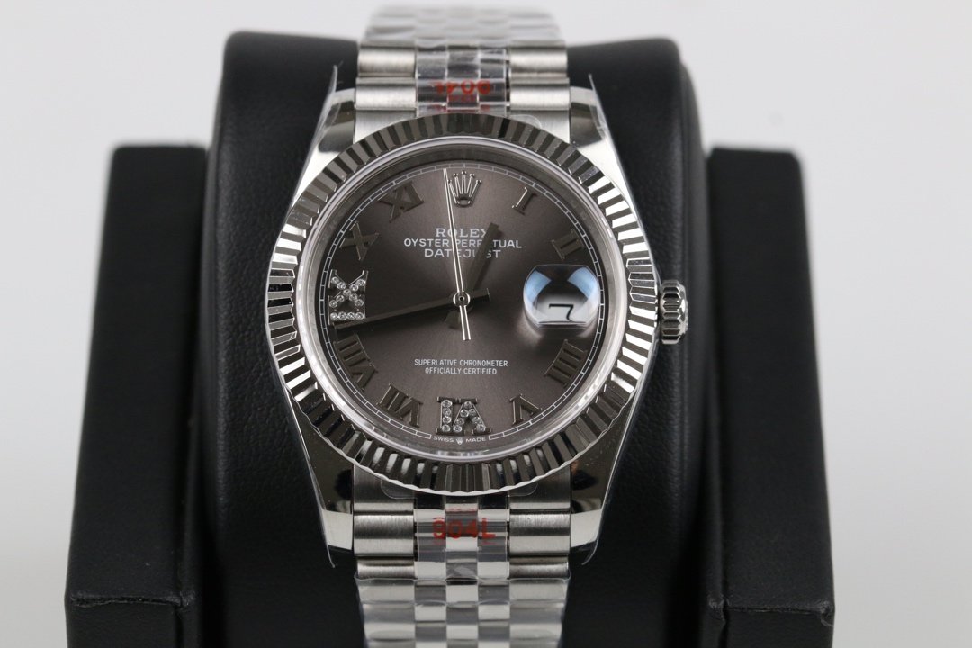 Rolex Datejust Stainless Steel White Gold Fluted Bezel Dark Grey Diamond Roman Dial Jubilee 36MM 126234-0071