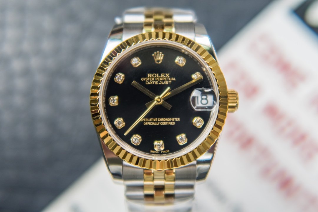 Rolex Datejust Two-Tone Yellow Gold Fluted Bezel Black Diamond Dial Jubilee 31MM 178273-0020