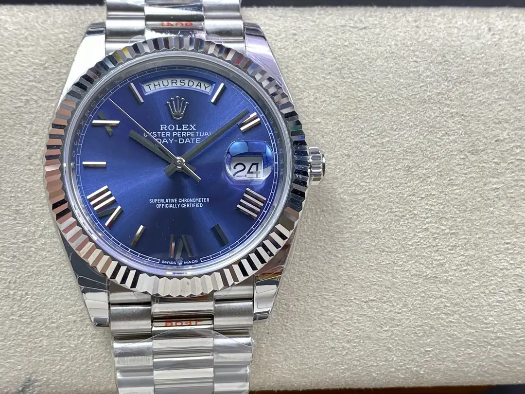 Rolex Day-Date White Gold Fluted Bezel Blue Roman Dial President 40MM 228239-0007