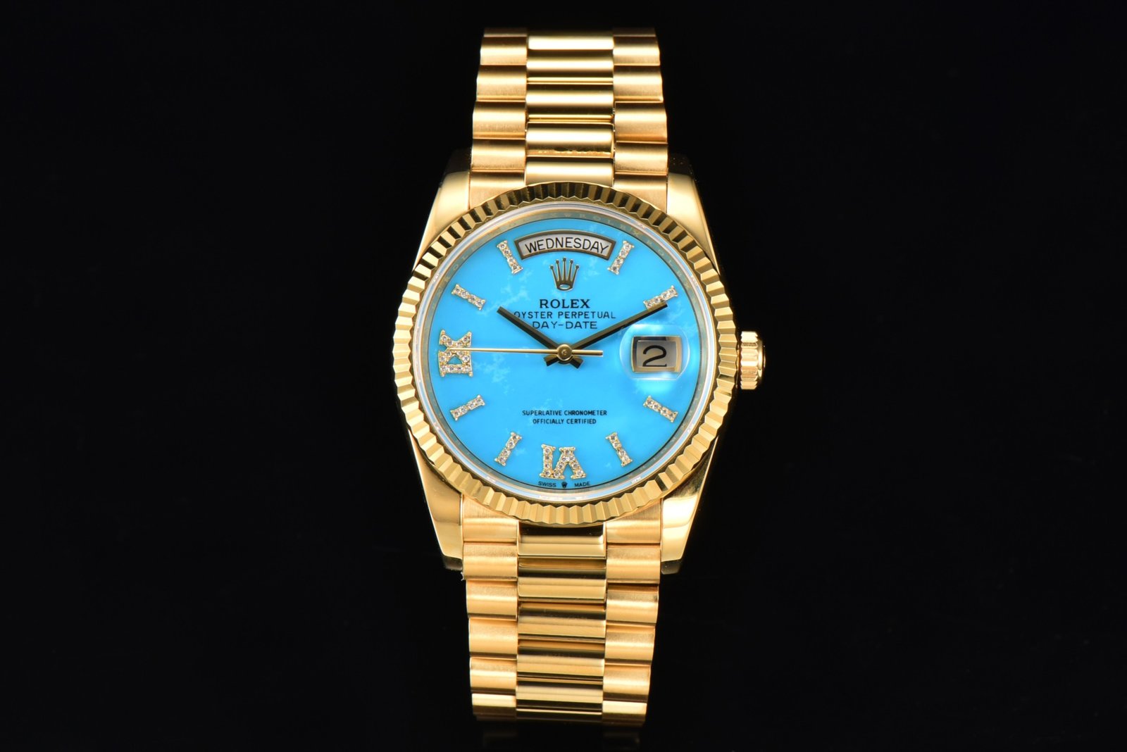 Rolex Day-Date Yellow Gold Fluted Bezel Blue Ombre Diamond Dial President 36MM 128238-0071