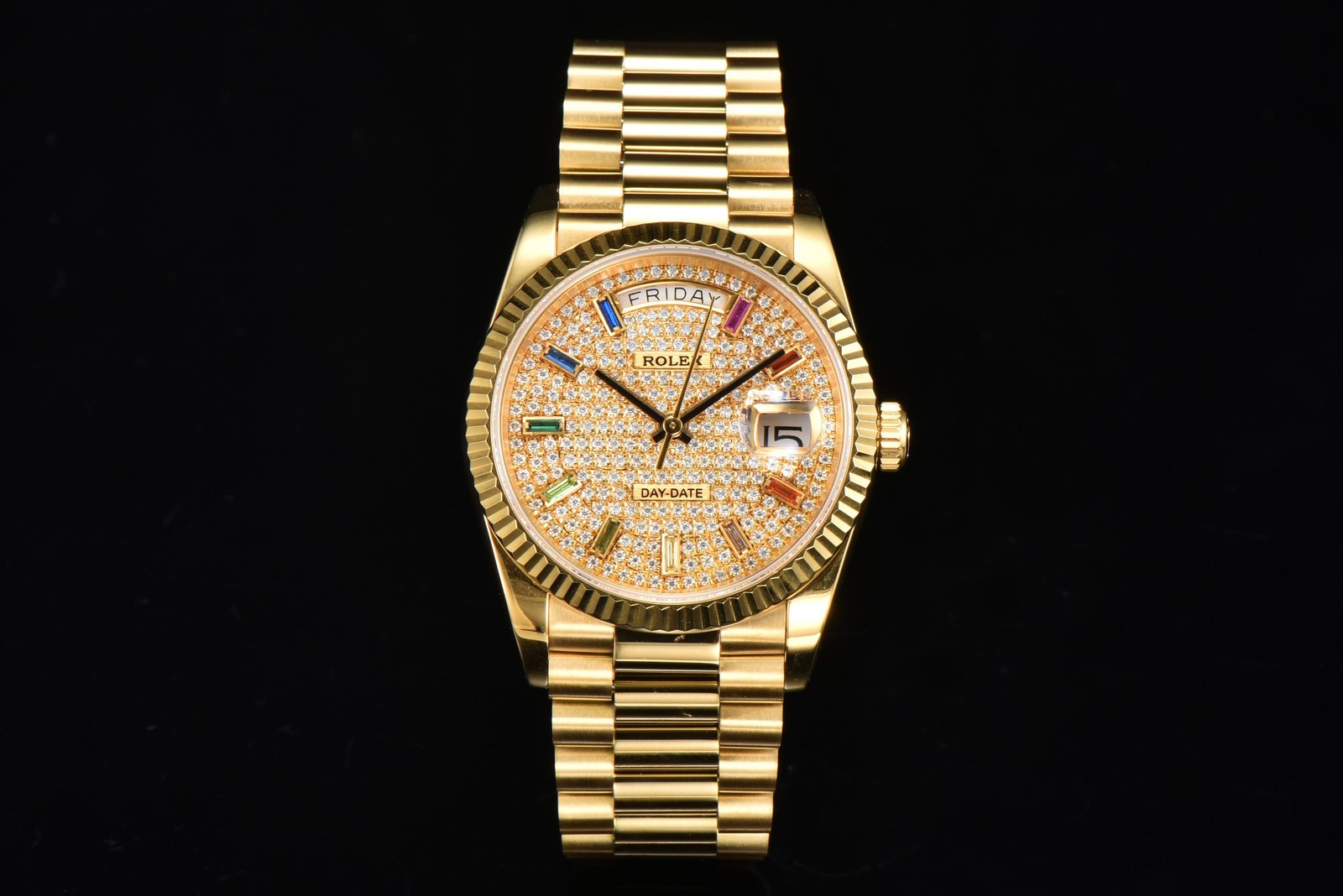 Rolex Day-Date Yellow Gold Fluted Bezel Diamond-Paved Dial with Rainbow Sapphires President 36MM 128238-0051