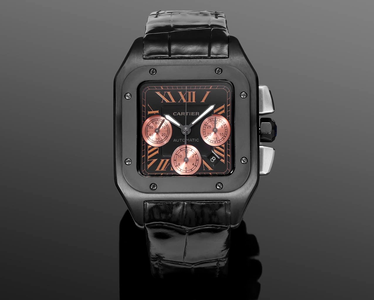 Cartier Santos 100 XL Chronograph Titanium ADLC Rose Gold Black Dial 42MM W2020004-02