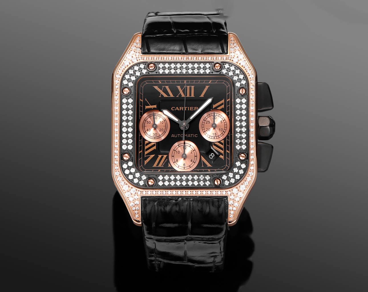 Cartier Santos 100 XL Chronograph Carbon Rose Gold Diamond 42MM W2020004-04