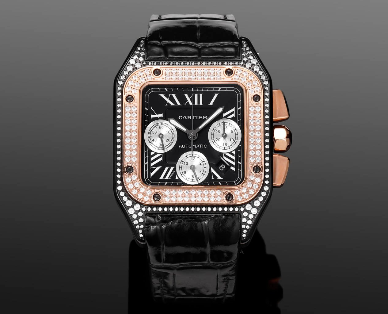 Cartier Santos 100 XL Chronograph Titanium ADLC Rose Gold Diamond White Subdials 42mm W2020004-03