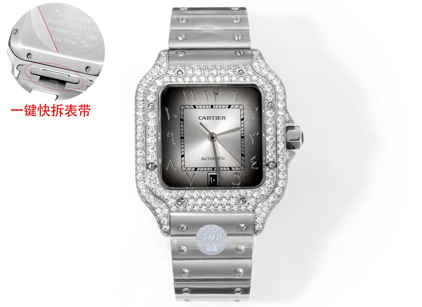 Cartier Santos Stainless Steel Diamond Paved Grey Gradient Dial Automatic Watch 39.8MM CAR-SANTOS-GRY-DIA-SS-AUTO