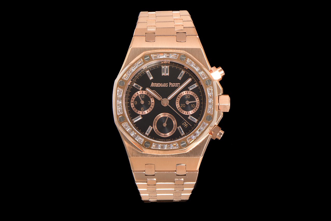 Audemars Piguet Royal Oak Chronograph Rose Gold Diamond Bezel Black Onyx Dial 38mm 26715OR.ZZ.1356OR.02