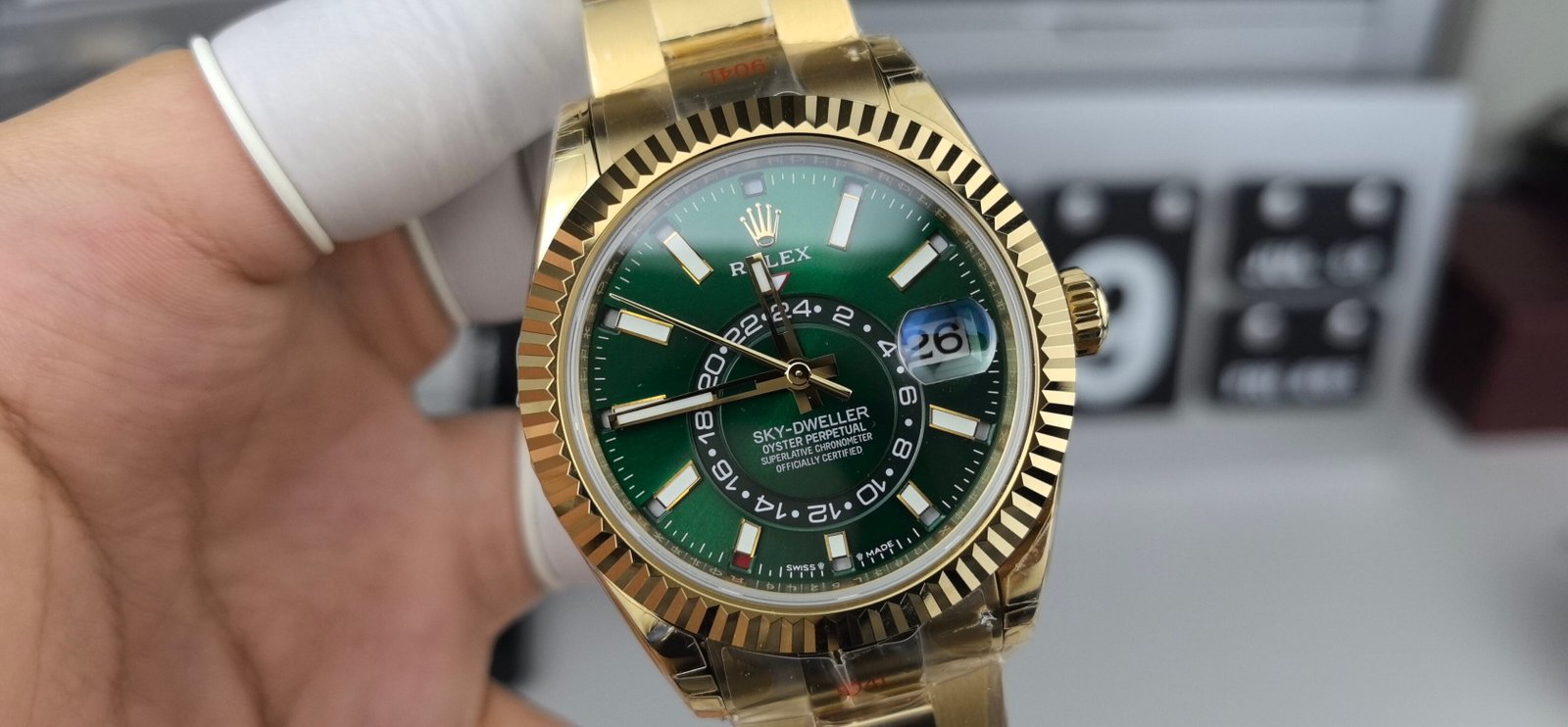 Rolex Sky-Dweller Yellow Gold Fluted Bezel Bright Green Dial Oyster Bracelet 42MM 336938-0007