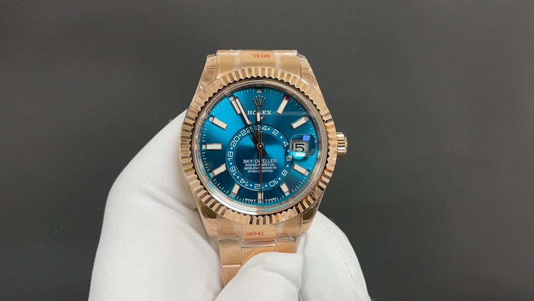Rolex Sky-Dweller Rose Gold Fluted Bezel Blue-Green Dial Oyster Bracelet 42MM 336935-0001