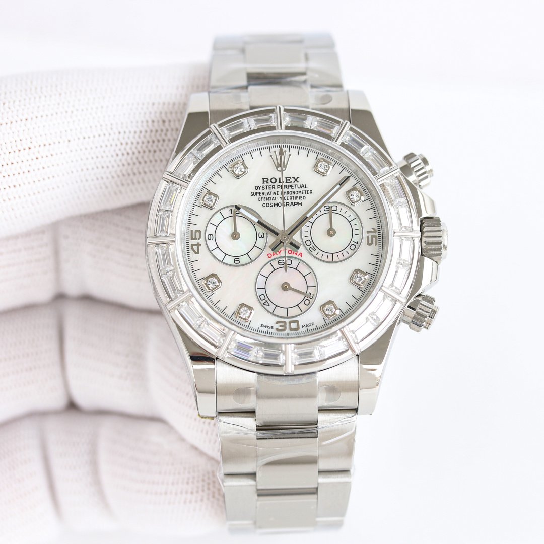 Rolex Cosmograph Daytona White Gold Mother of Pearl 40mm Baguette Diamond Bezel Watch RLX-DT-116589BR