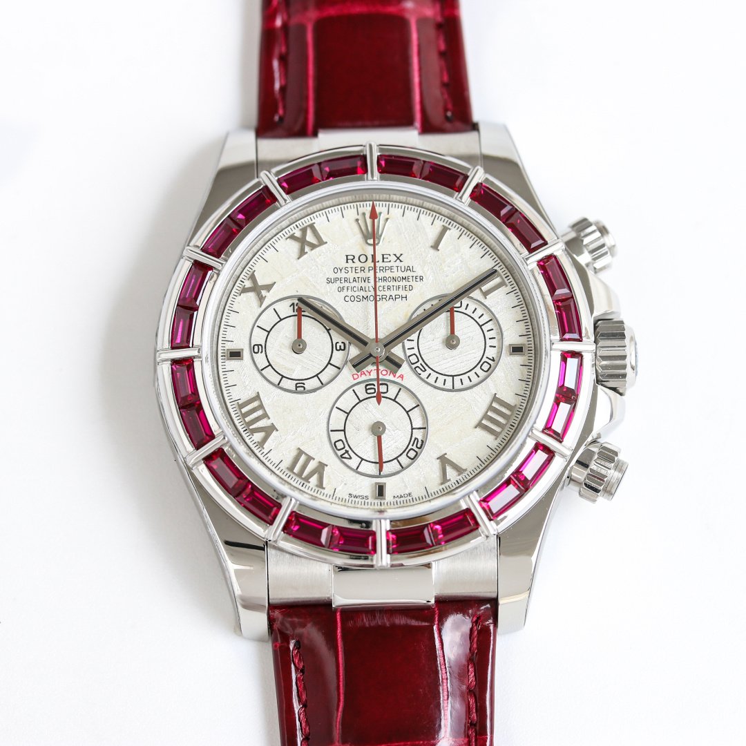 Rolex Cosmograph Daytona White Gold White Mother of Pearl Dial 40mm Baguette Ruby Bezel Watch RLX-DT-116589BR