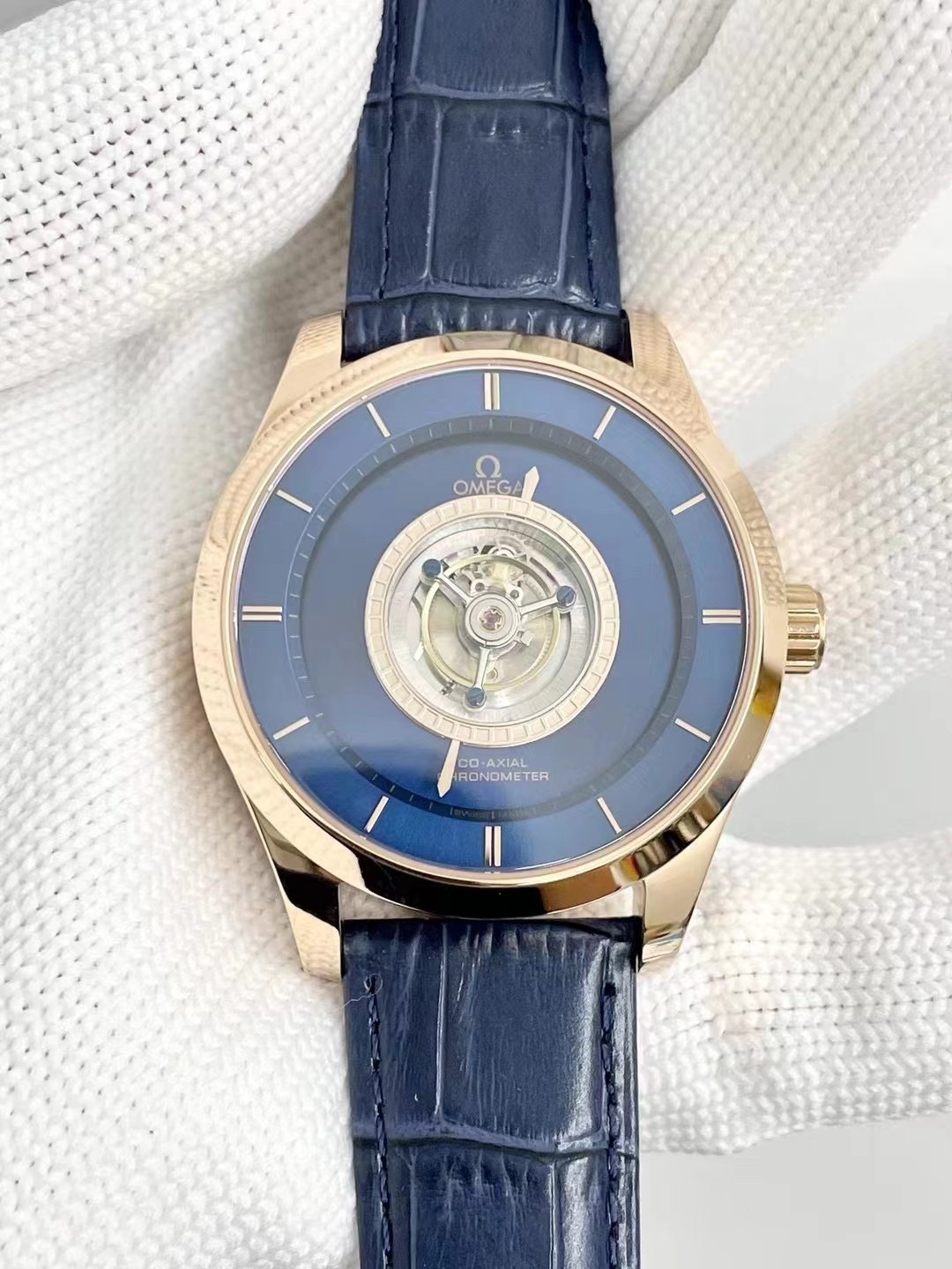 Omega De Ville Tourbillon Rose Gold Blue Dial 43MM Blue Leather Strap Ref.528.53.44.21.03.001