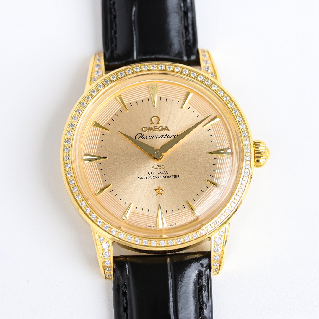 Omega  Constellation Observatory Globemaster Yellow Gold Diamond Bezel Champagne Dial 40MM Black Leather Strap  Ref.130.58.39.21.08.001