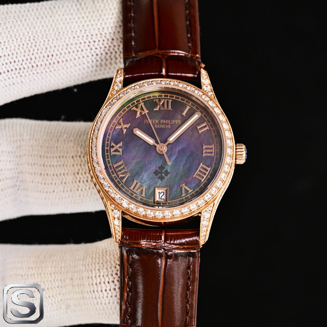 Patek Philippe Calatrava Rose Gold Diamond Bezel and Lugs Dark Mother of Pearl Dial 34MM Brown Leather Strap Ref.4897R.MOP.DIA.BR