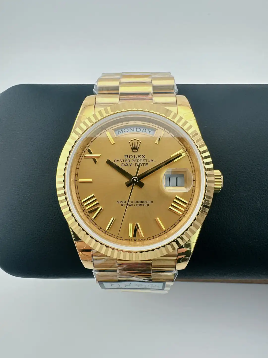 Rolex Day-Date Yellow Gold Fluted Bezel Champagne Roman Dial President 40MM 228238-0006