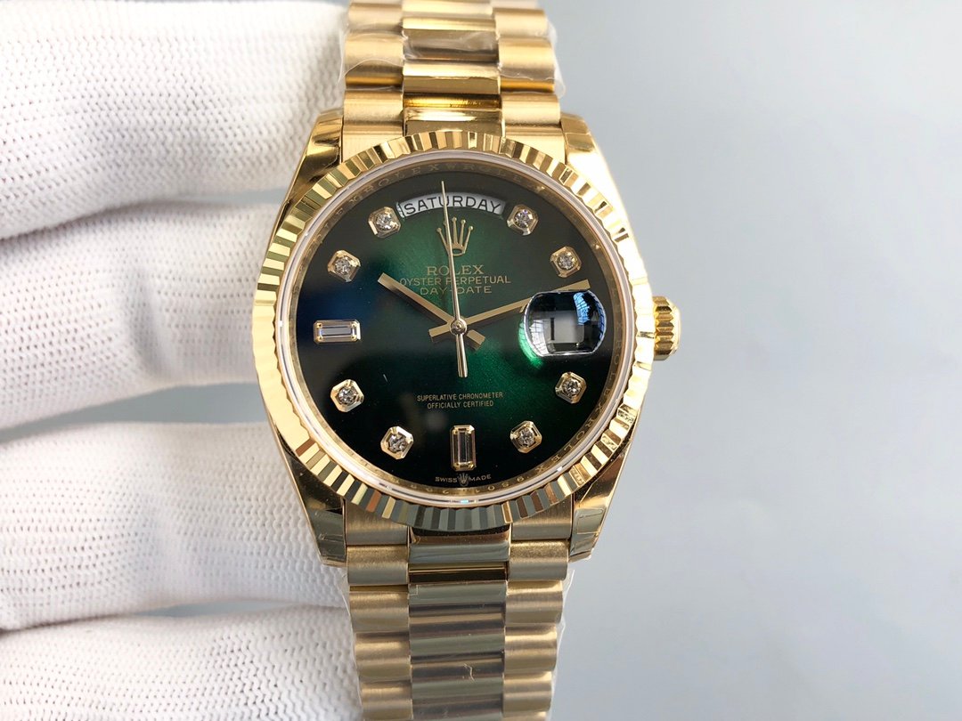 Rolex Day-Date Yellow Gold Fluted Bezel Green Ombre Diamond Dial President 36MM 128238-0069