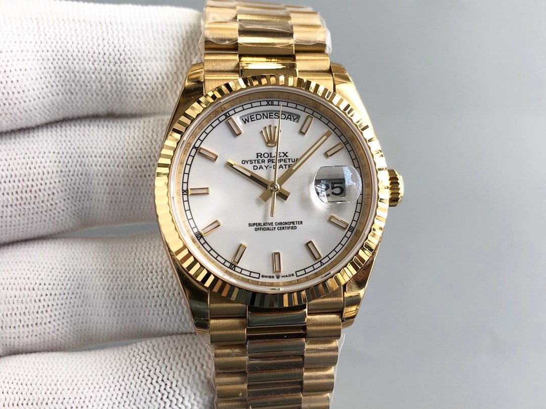 Rolex Day-Date Yellow Gold Fluted Bezel White Dial Jubilee 36MM 116238-0072