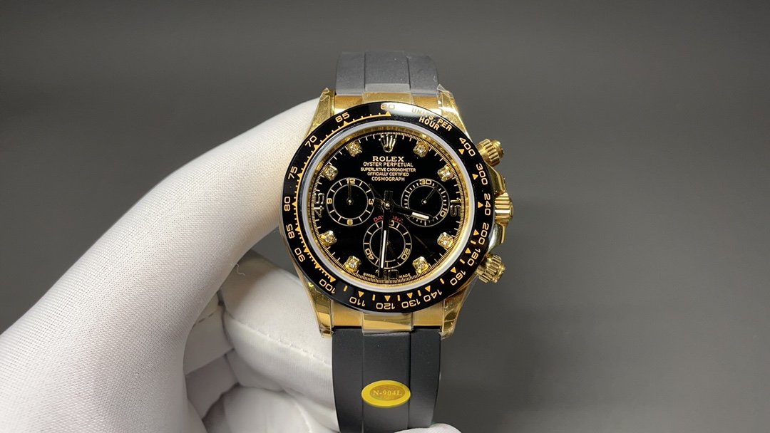 Rolex Cosmograph Daytona Yellow Gold Black Dial 40mm Diamond Markers Oysterflex Strap Watch RLX-DT-116518LN
