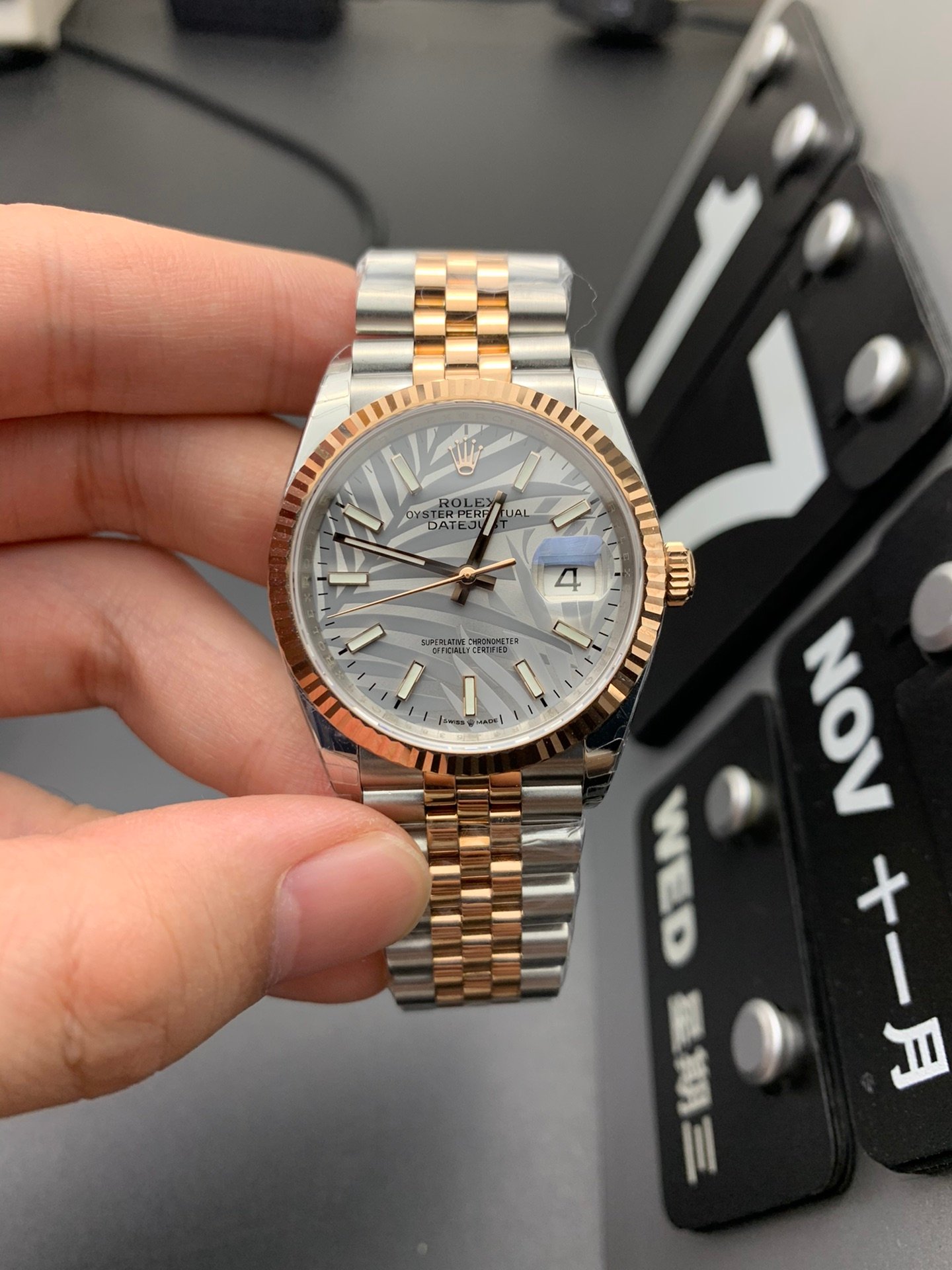 Rolex Datejust Two-Tone Rose Gold White Gold Fluted Bezel Silver Palm Dial Jubilee 36MM 126231-0031