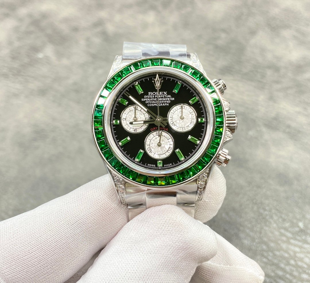 Rolex Cosmograph Daytona White Gold Black Dial 40mm Green Emerald Bezel Diamond Lugs Watch RLX-DT-116599EF