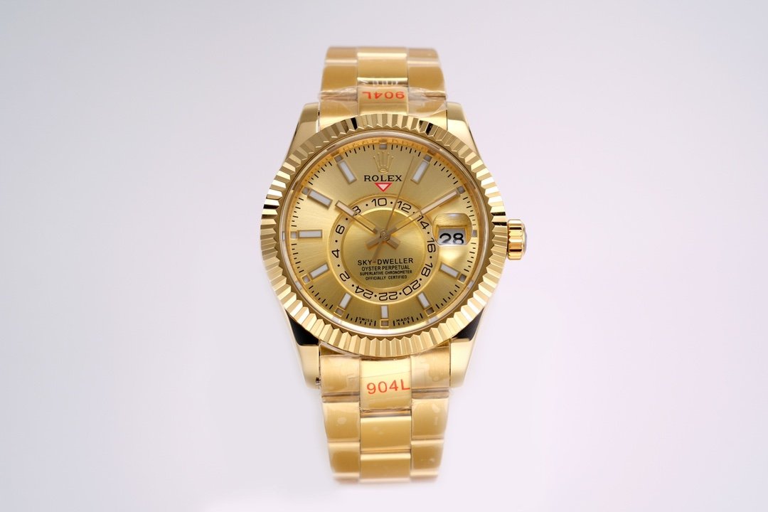 Rolex Sky-Dweller Yellow Gold Fluted Bezel Champagne Dial Oyster Bracelet 42MM 326938-0003