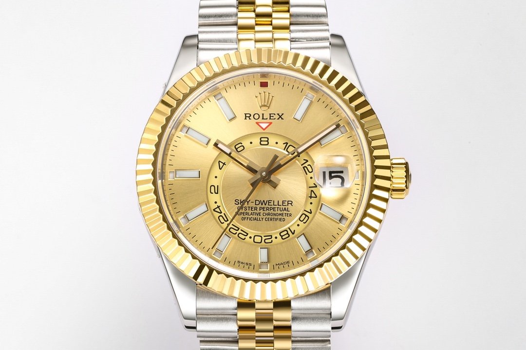 Rolex Sky-Dweller Two-Tone Yellow Gold Fluted Bezel Champagne Dial Jubilee 42MM 336933-0002