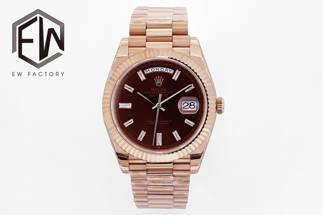 Rolex Day-Date Solid Rose Gold Fluted Bezel Chocolate Baguette Dial President 40MM 228235-0003