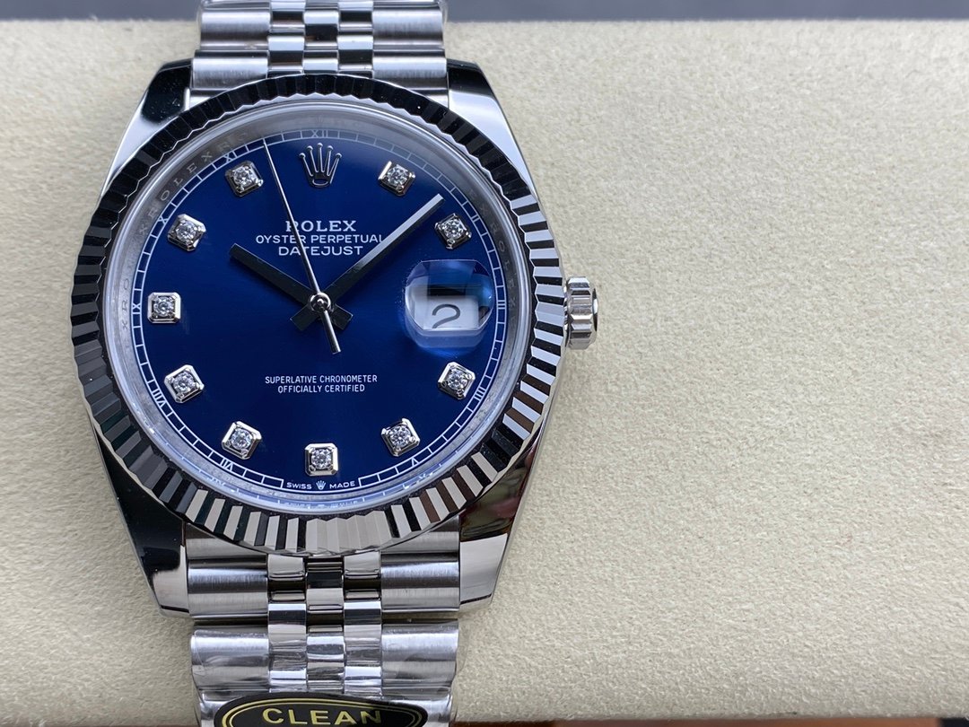 Rolex Datejust Stainless Steel White Gold Fluted Bezel Blue Diamond Dial Jubilee 41MM 126334-0016