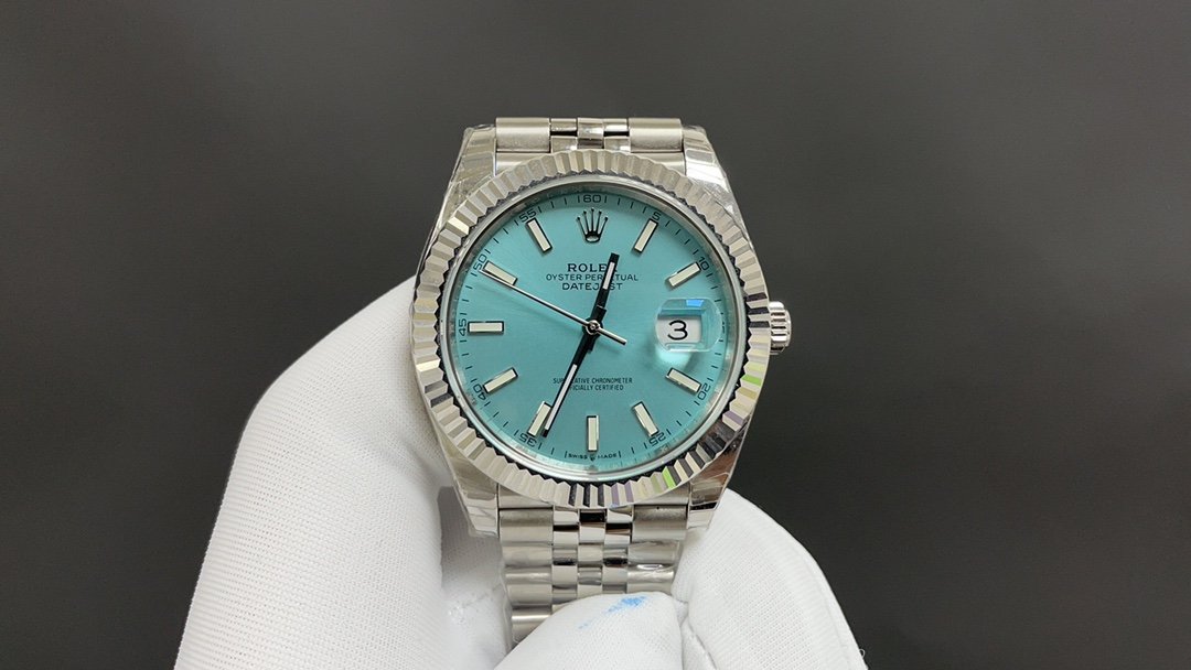 Rolex Datejust White Gold Fluted Bezel Turquoise Index Dial Jubilee 41MM 126334