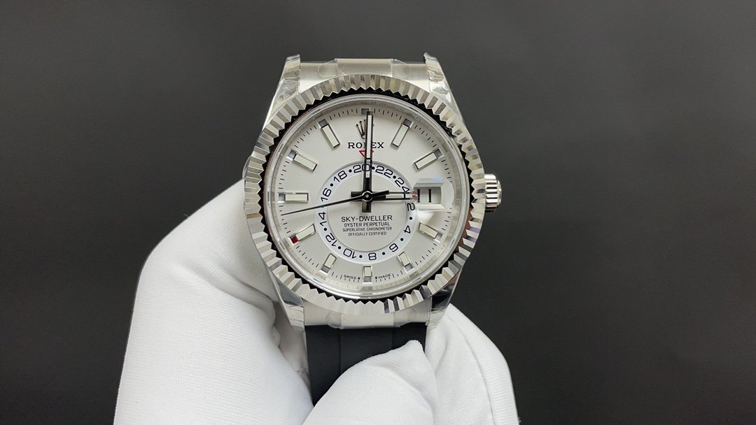 Rolex Sky-Dweller White Gold Fluted Bezel Intense White Dial Oysterflex 42MM 336239-0003