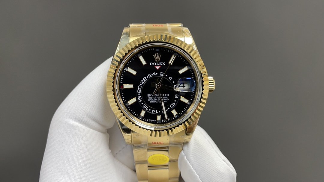 Rolex Sky-Dweller Yellow Gold Fluted Bezel Black Dial Oyster Bracelet 42MM 326938-0004