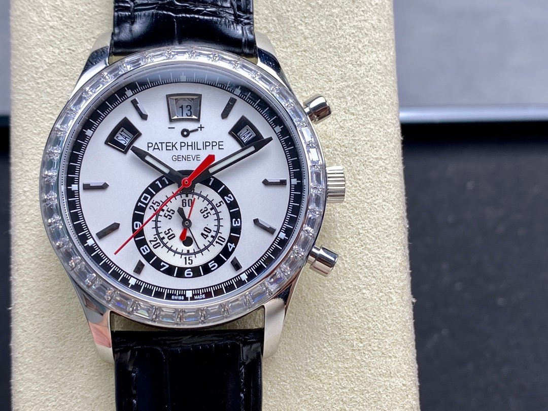 Patek Philippe Complications White Gold Baguette Diamond White Dial Black Leather Strap PP-COM-WG-DIA-WHT