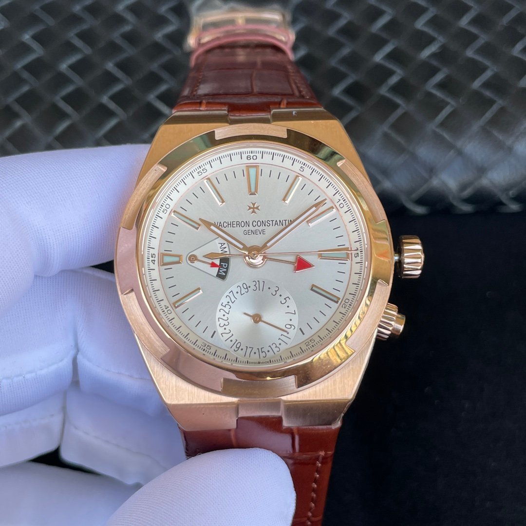 Vacheron Constantin Overseas Solid Rose Gold Silver Dual Time Dial Leather Strap 41MM 7920V/000R-B336