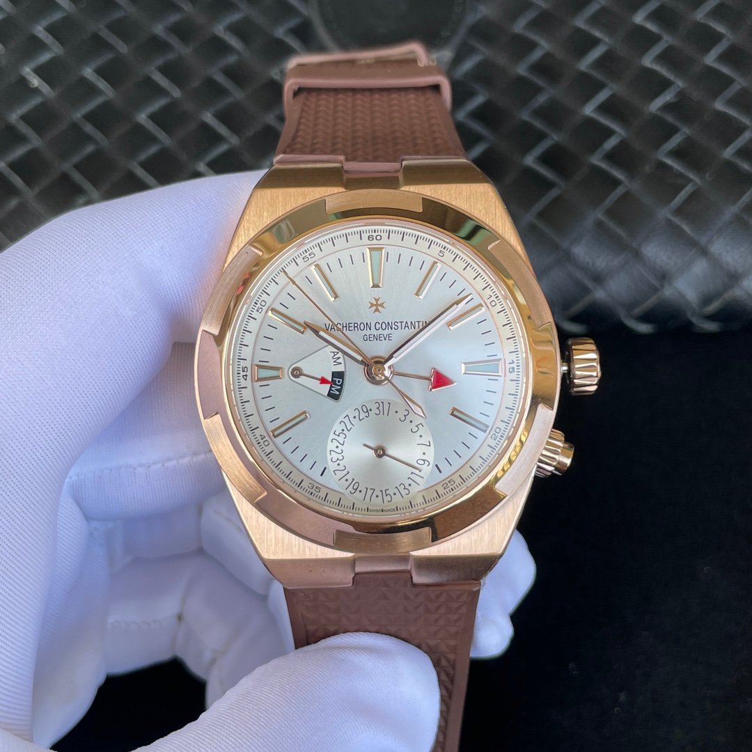 Vacheron Constantin Overseas Solid Rose Gold Silver Dual Time Dial Leather Strap 41MM Ref.7920V/000R-B336