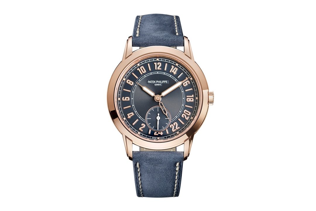 Patek Philippe Complications Rose Gold Blue Dial Blue Leather Strap 5224R-001