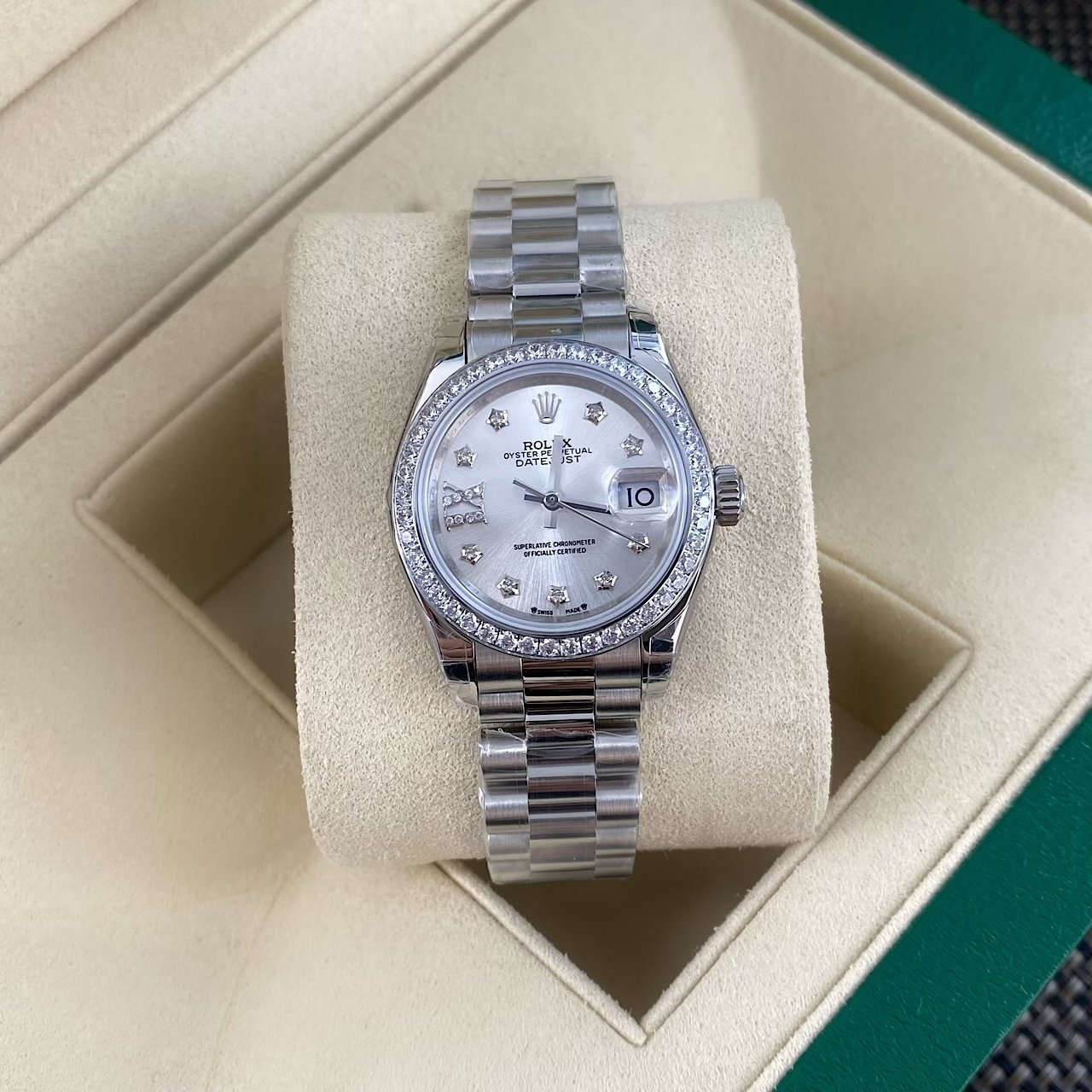Rolex Lady-Datejust Stainless Steel Diamond Bezel Silver Diamond Dial Oyster Bracelet 28MM 279384RBR-0022
