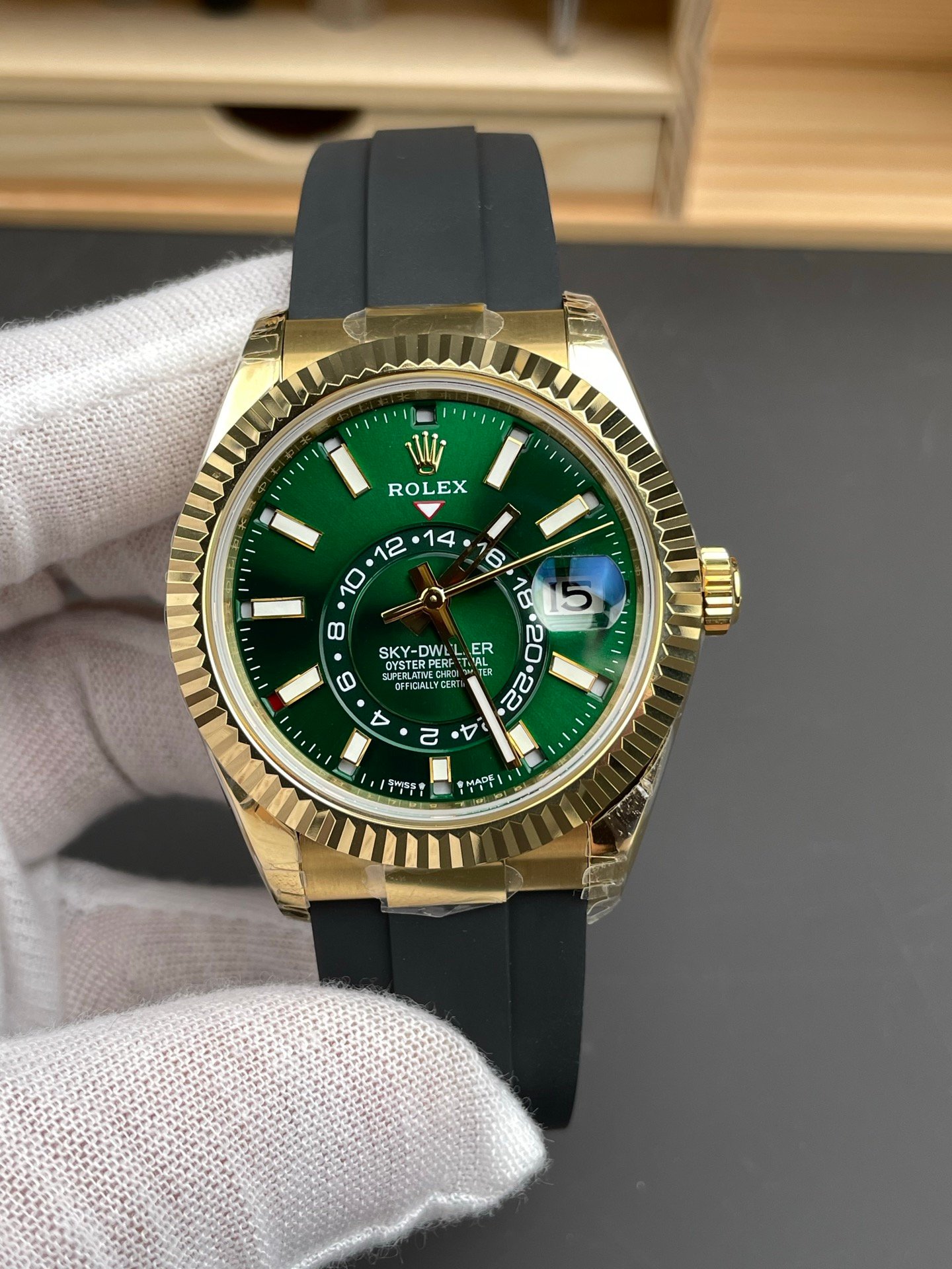 Rolex Sky-Dweller Yellow Gold Fluted Bezel Bright Green Dial Oysterflex 42MM 336238-0004