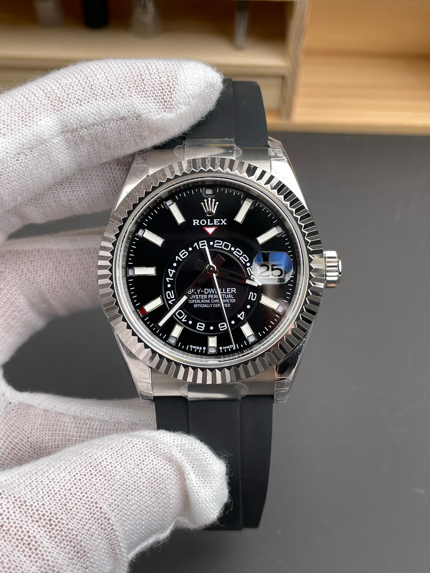 Rolex Sky-Dweller White Gold Fluted Bezel Bright Black Dial Oysterflex 42MM 336239-0002