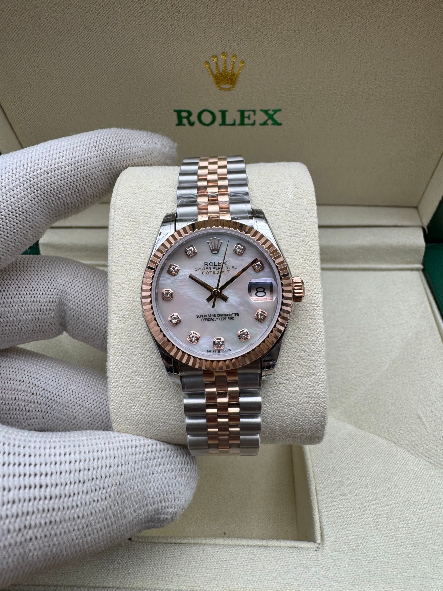 Rolex Datejust  Two-Tone Rose Gold Fluted Bezel White Mother-of-Pearl Diamond Dial Jubilee Bracelet 31MM 278271-0026