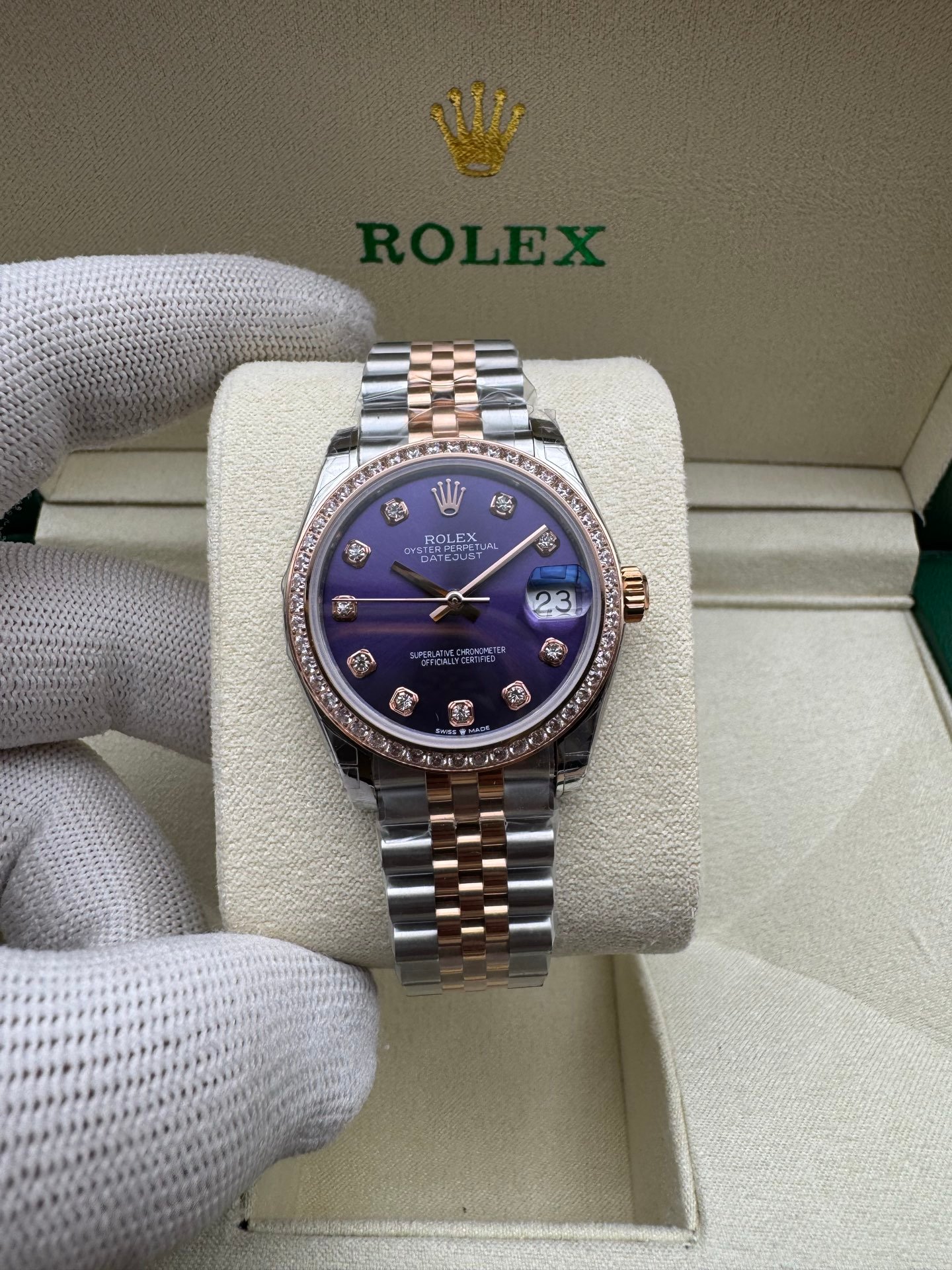 Rolex Lady-Datejust Two-Tone Rose Gold Diamond Bezel Purple Diamond Dial Jubilee 28MM 279381RBR-0015