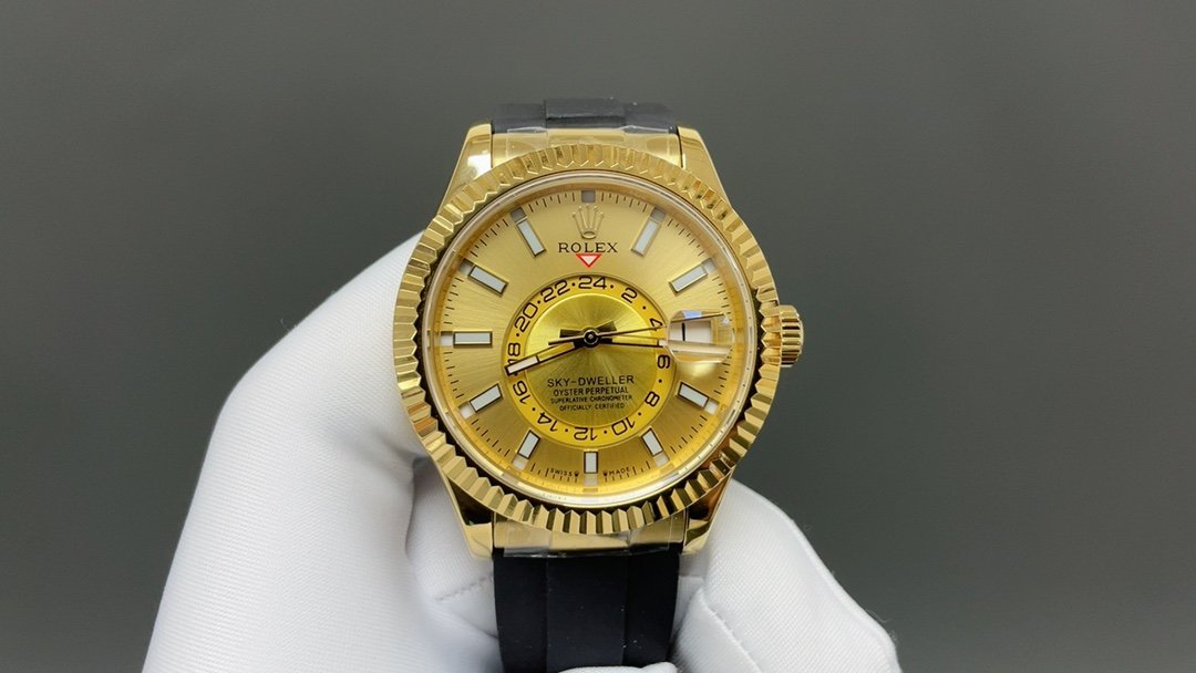 Rolex Sky-Dweller Yellow Gold Fluted Bezel Champagne Dial Oysterflex 42MM 326238-0007
