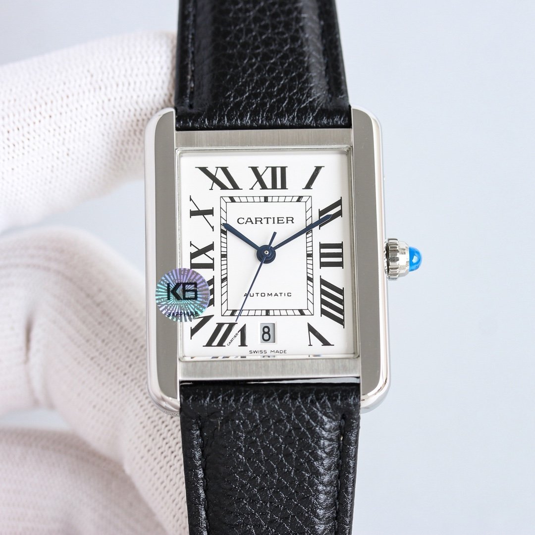 Cartier Tank Must Stainless Steel Silver Roman Dial Black Leather Strap 31MM WSTA0040