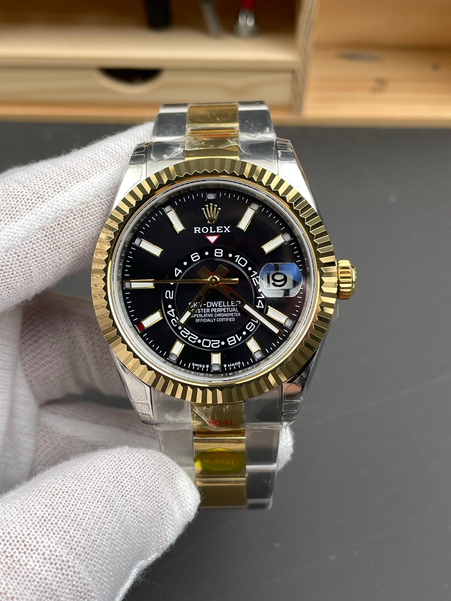 Rolex Sky-Dweller Two-Tone Yellow Gold Fluted Bezel Black Dial Oyster Bracelet 42MM 326933-0002