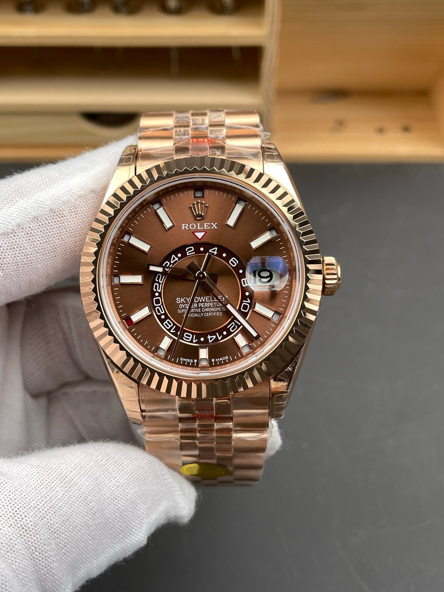 Rolex Sky-Dweller Rose Gold Fluted Bezel Chocolate Dial Oyster Bracelet 42MM 336935-0002