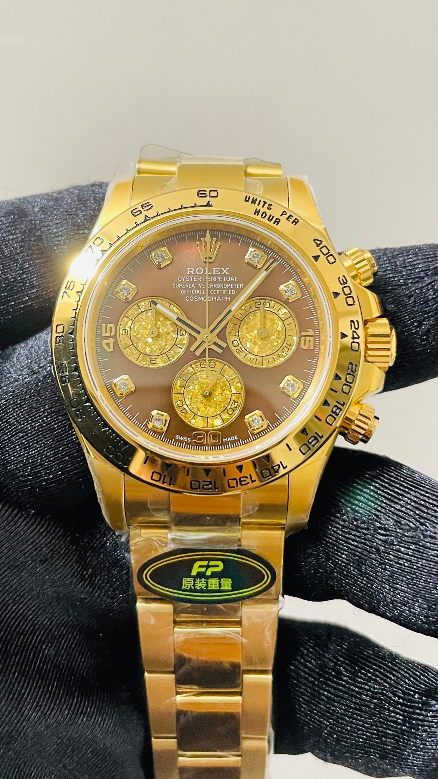 Rolex Cosmograph Daytona Yellow Gold Black Mother of Pearl Dial 40mm Diamond Markers Watch RLX-DT-116508